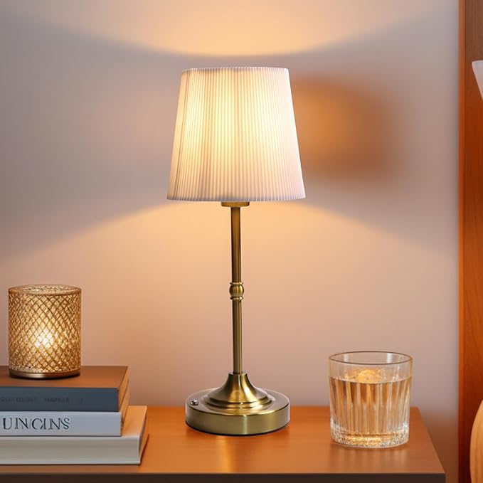 Rechargeable Table Lamp, Cordless Touch Lamps, Portable Desk Light with Stepless Dimmable Brightness & Fabric Shade for Nightstand Bedside Living Room (Gold, Twill) - Bloomnest