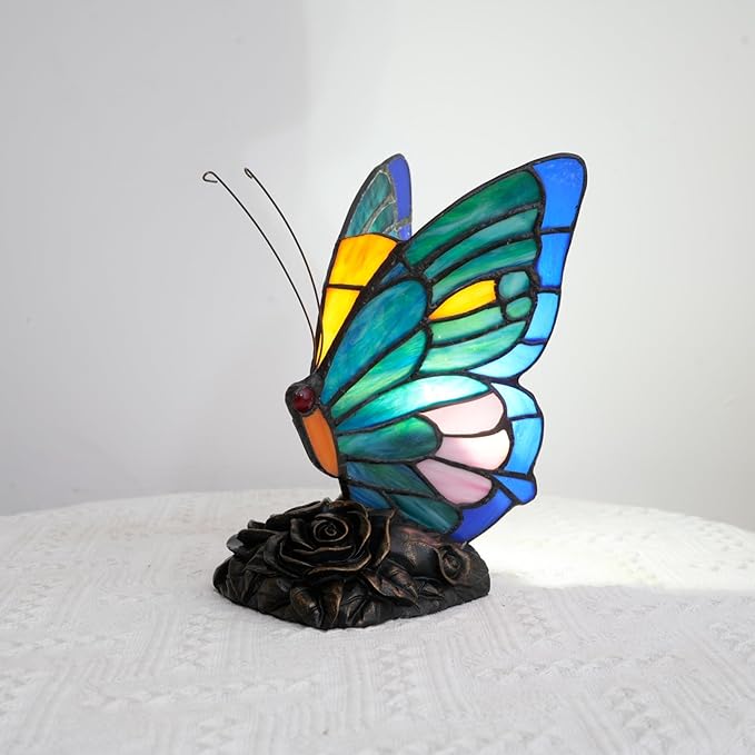 Small Teal and Green Tiffany Style Butterfly Table Lamp for Girls Gift Cute Fun Bedside Desk Lamps Stained Glass Lamp Colorful Vintage Art Unique Bedroom Nightstand Decor Accent Night Light Rose Base - Bloomnest