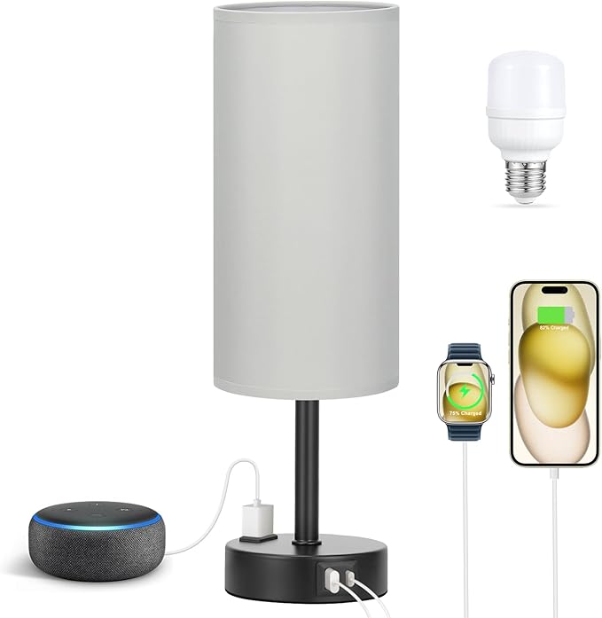 Fenmzee Grey Touch Bedside Lamp for Bedroom - 3 Way Dimmable Table Lamp USB C Charging Ports and AC Outlet, Small Desk Lamp for Living Room, Office, LED Bulb Included - Bloomnest