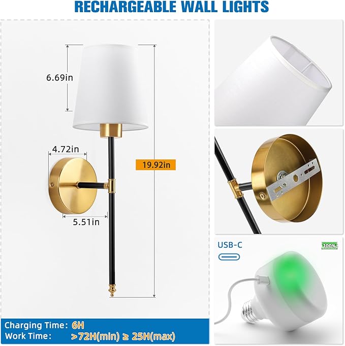 NIORSUN 19.9 inch Battery Operated Wall Sconce Set of 2,Black-Gold Rechargeable Wall Lights with 5200mAh Dimmable Detachable Bulbs and Remote,10 Colors Wireless Sconces for Bedroom Living Room Hallway - Bloomnest