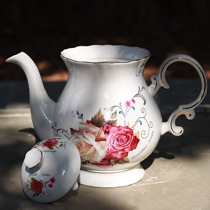 Jomop European Style Ceramic Flower Teapot Coffee Pot Water Pot Porcelain Gift Large 5.5 Cups (1, Rose) - Bloomnest
