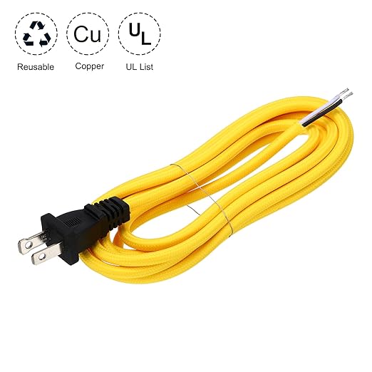 uxcell 8Ft 18/2 Cloth Covered Lamp Cord with Plug, Vintage Electrical Lamp Cord with Stripped Ends for Extension Wiring DIY Repairing, Yellow