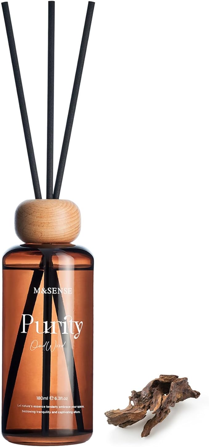M&SENSE Oud Wood Reed Diffuser: Upgraded Formula 6.3 fl oz Non-Toxic Aroma Set with Sticks, Long-Lasting Natural Essential Oil Gifts for Home, Bedroom