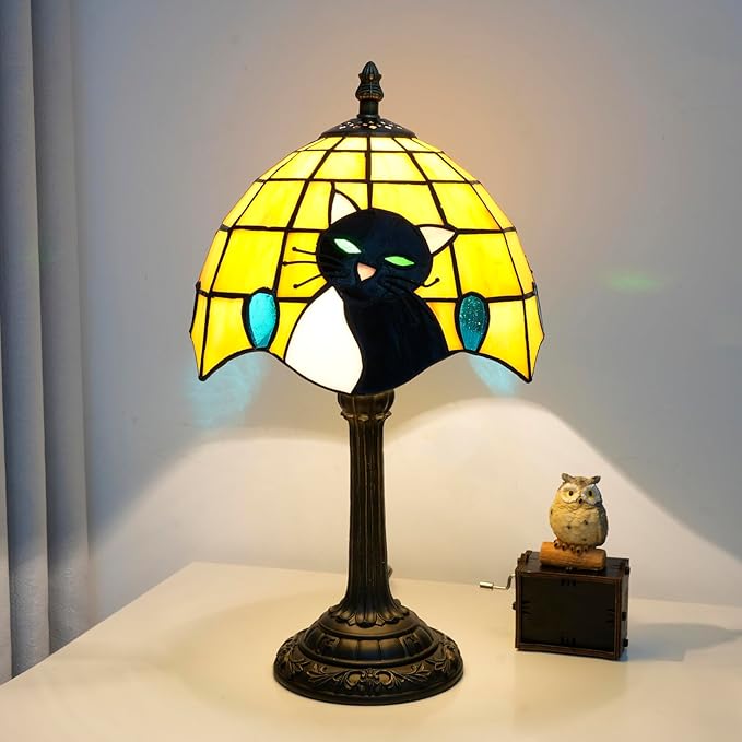 Small Tiffany Lamp Stained Glass Table Lamp Elegant Cute Retro Vintage Style White Black Cat Bedside Night Lamp For Nightstand Bedroom Home Decor Kitchen Counter Antique Living Room Office Fun Lamps - Bloomnest