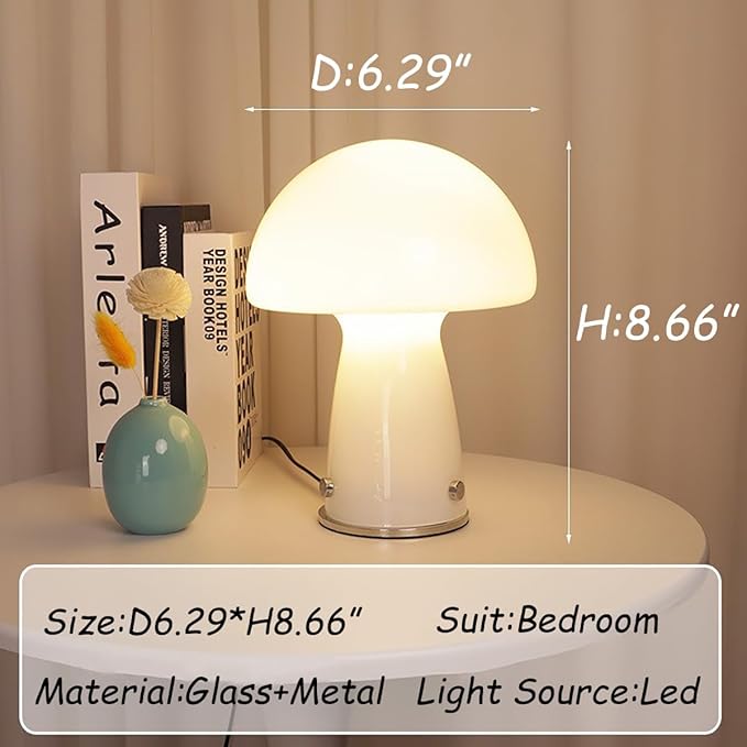 White Small Mushroom Table Lamp,3-Color Temperature Glass Desk Light,Bauhaus Decorative Nightstand Lamp,Vintage Style Table Light for Living Room Office - Bloomnest