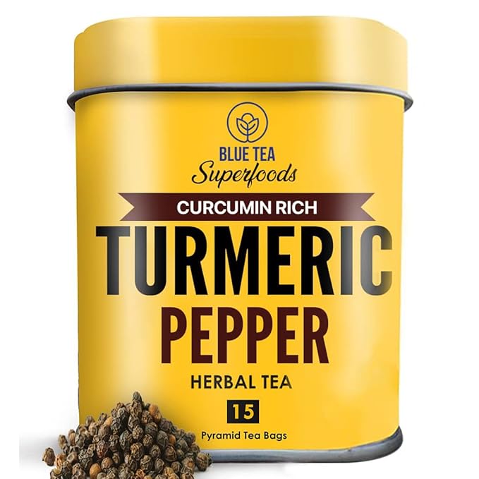 BLUE TEA - Turmeric Tea - Pepper - 15 Count - Pyramid Plant Based Tea Bag | CURCUMIN RICH - HERBAL BLEND | Caffeine Free - Gluten Free - Herbal Tea - Earthy Flavor - Healthy | Tin Pack - Bloomnest