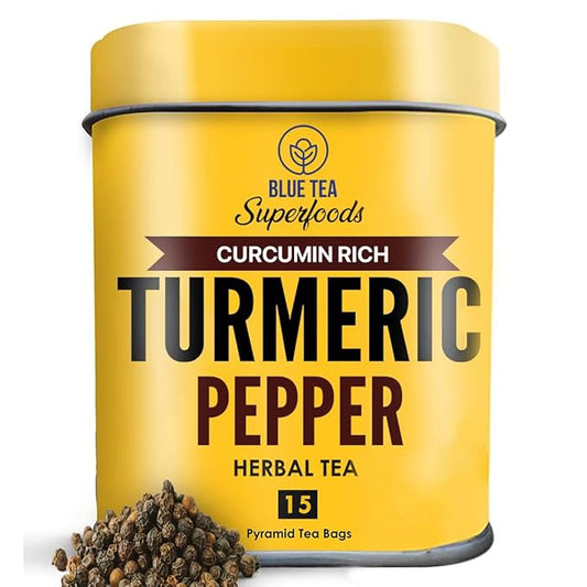 BLUE TEA - Turmeric Tea - Pepper - 15 Count - Pyramid Plant Based Tea Bag | CURCUMIN RICH - HERBAL BLEND | Caffeine Free - Gluten Free - Herbal Tea - Earthy Flavor - Healthy | Tin Pack - Bloomnest