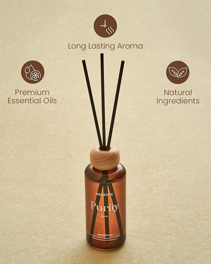 M&SENSE Linen Scent Reed Diffuser | 6.3 fl oz Natural Essential Oil Diffuser with Sticks, Non-Toxic Housewarming Aromatherapy Diffuser Gift for Bathroom & Shelf Decor MSENSE