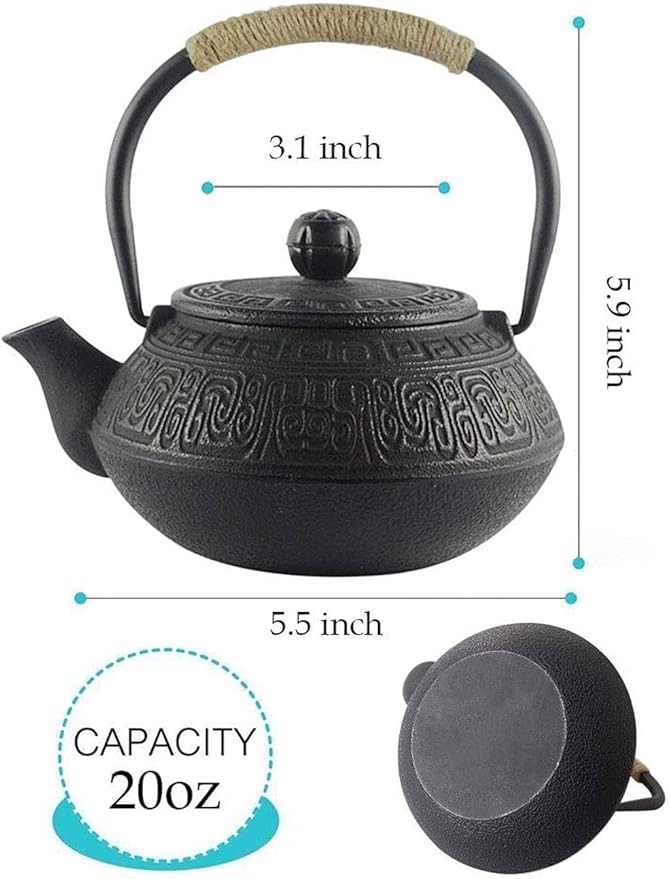 Japanese Tetsubin Cast Iron Kettle, Cast Iron Teapot with Stainless Steel Infuser for Loose Leaf Tea, Ancient pattern 600ml/20oz