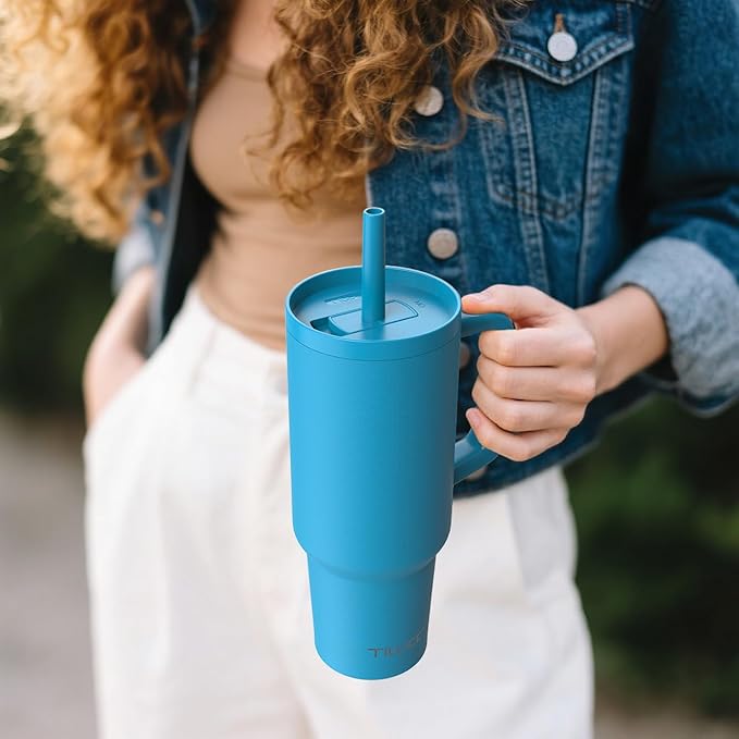 TILUCK 40 oz Tumbler with Handle, Vacuum Insulated Stainless Steel Travel Mug with 100% Leak-Proof Silicone Straw Lid, Cupholder Friendly Water Bottle(LakeBlue, 40oz)
