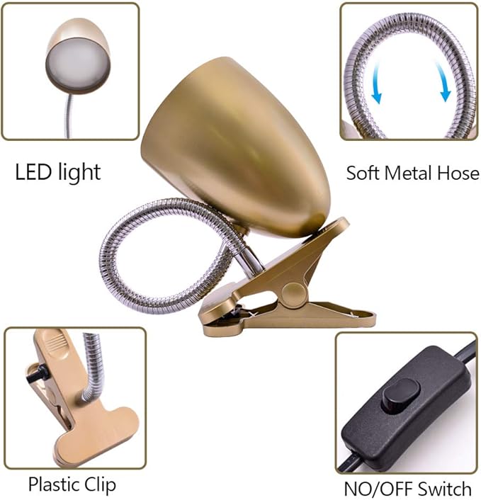 Energetic Clip on Lamp for Bed, Non-Dimmable Reading Light for Bed and Desk, 4000K Cool White, 3.5W 240 LM Flexible Gooseneck lamp, Eye Protection, ETL Listed, Gold - Bloomnest