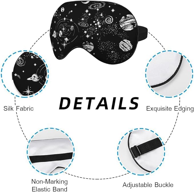 Space Galaxy Sleep Eye Mask Universe Star Moon Planets Constellation Black Silk Eye Mask Sleeping Soft for Men Women Boy Girl Airplane Travel with Elastic Strap - Bloomnest