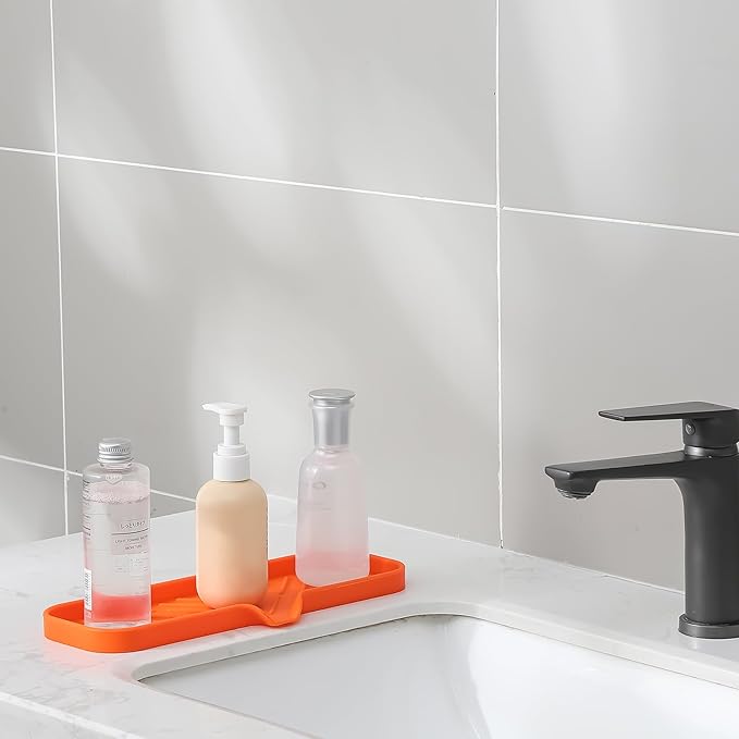 Silicone Bathroom Soap Dishes with Drain Spout-Bathroom and Kitchen Sink Organizer,Sponge Holder,Dish Soap Tray,Perfect for Dispenser,Scrubber,Bottle,Cup on Sink or Counter-Orange 12"×4" - Bloomnest