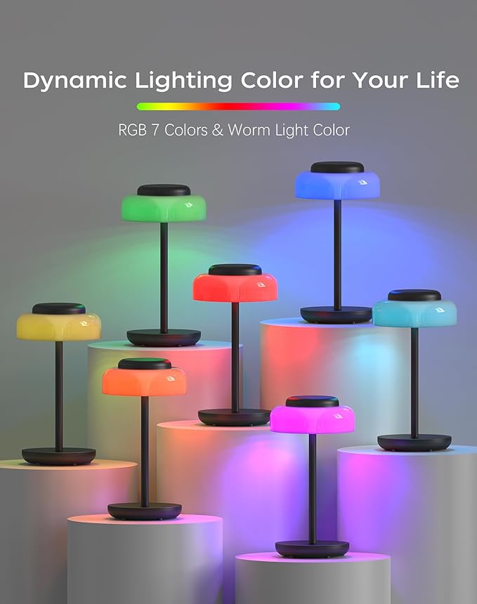 QiMH Battery Operated LED Table Lamp for Living Room, 5000mAh Cordless Desk Lamp with Stepless Dimmable Touch Control, Mini Rechargeable Night Light for Bedroom, Outdoor bar (Black-RGB) - Bloomnest