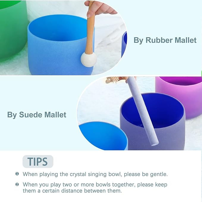 432HZ 6''-12'' Set of 7 Colored Crystal Singing Bowl Set Crystal Sound Healing Frosted Chakra Quartz bowls with 2 Case Bags and Rubber Mallets - Bloomnest