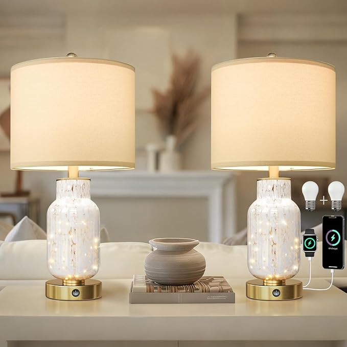 Oneach 22" Glass Table Lamps Set of 2, White Modern Bedside Lamp with LED Night Light for Living Room, Nightstand Lamp with USB Ports for Bedrooms, Study Room, End Table(2 Bulbs Included) - Bloomnest