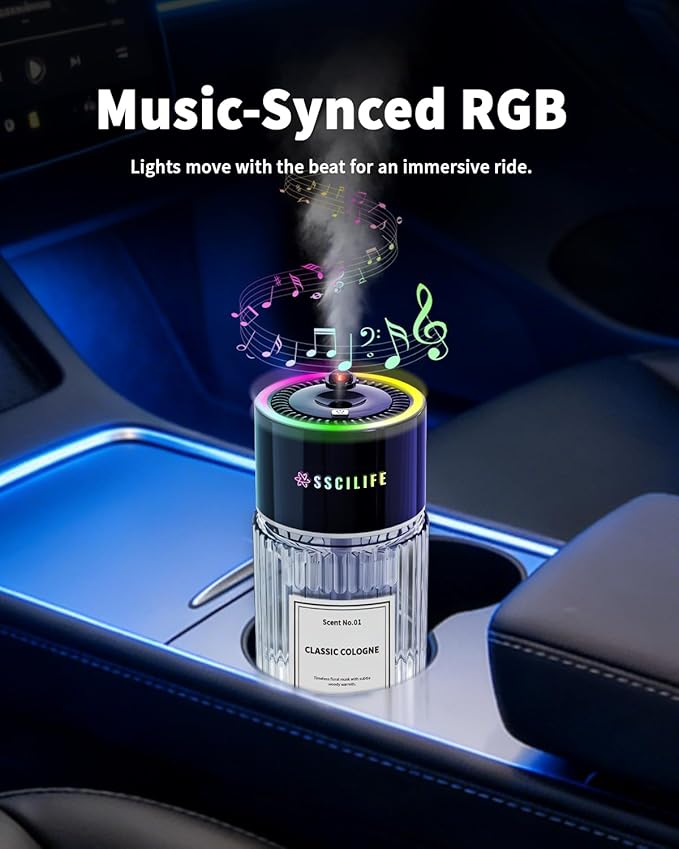 SSICLIFE Smart Car Air Freshener, Waterless Essential Oil Car Diffuser, 120ML Capacity, Up to 6720 Sprays, RGB Music Syncing Light with Starry Sky Projection, Smart Auto On/Off SSCILIFE