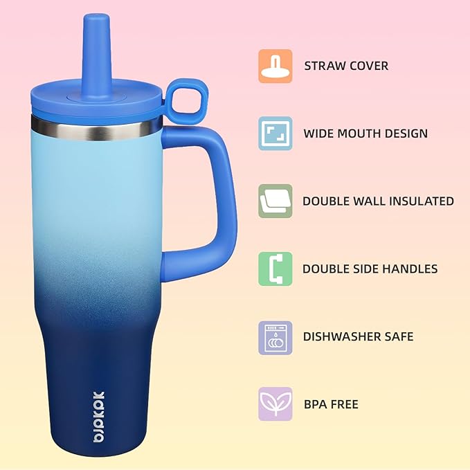 BJPKPK Insualted Tumblers with Handle and Straw 40oz Stianless Steel Travel Coffee Mug Thermal Cups with Lid,Sky - Bloomnest