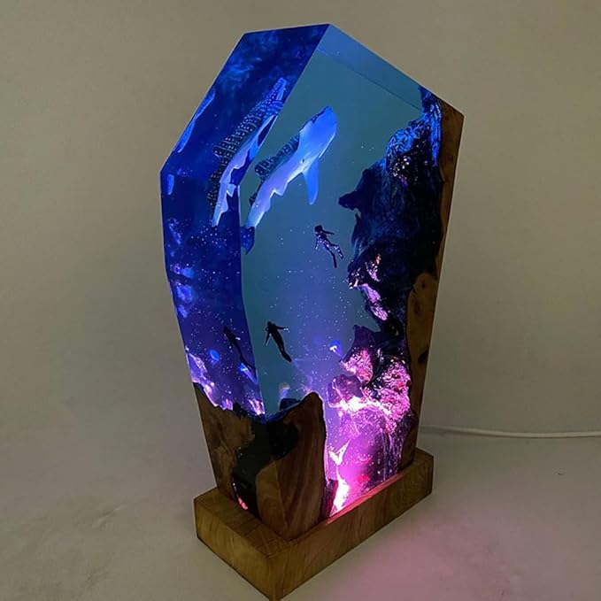 Whale Shark Ocean Resin Lamp, Handmade Wooden Table Resin Night Light, USB Port Art Ornaments for Home Office Decor, Scuba Diver Gifts for Birthday Holiday, Valentine's Day Gifts for Husband - Bloomnest