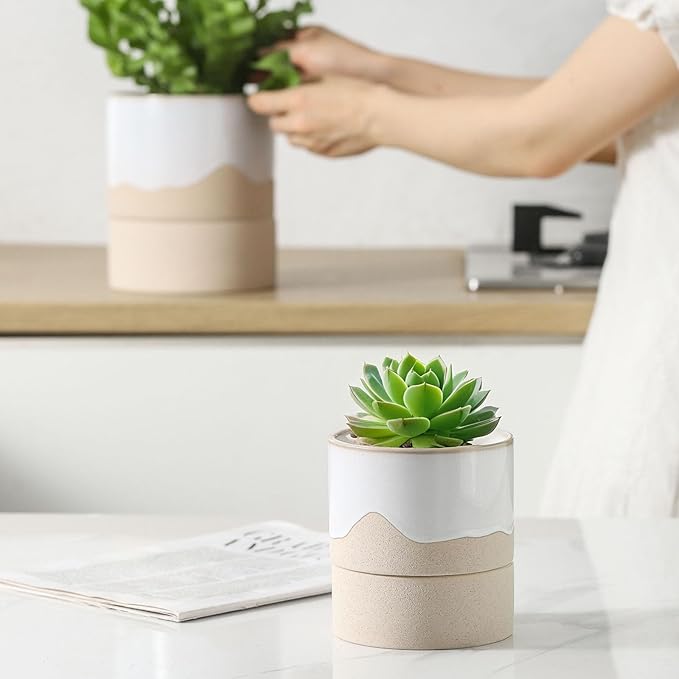 Nihow Self Watering Plant Pot for Indoor Plants: 4.5+6 Inch Ceramic Planter with Drainage Hole & Water Storage Plus - Cylinder Flower Pot with Wick for Herbs -White & Nature - Bloomnest