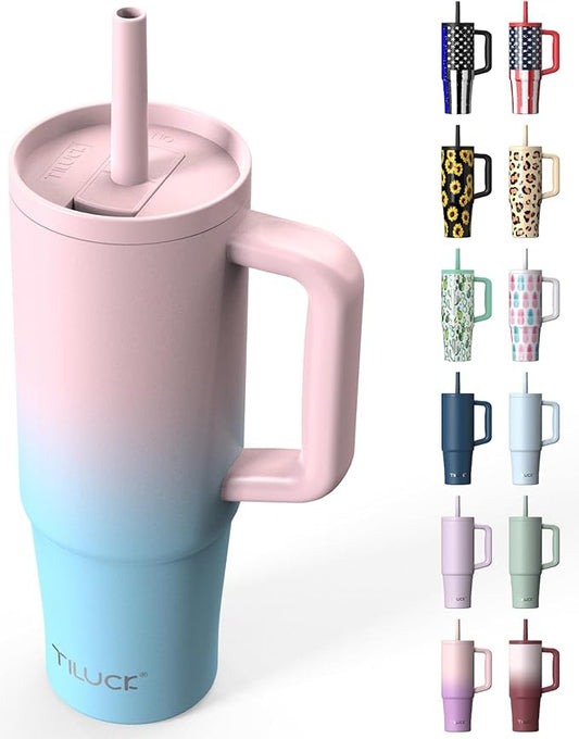 TILUCK 30 oz Tumbler with Handle, Vacuum Insulated Stainless Steel Travel Mug with 100% Leak-Proof Silicone Straw Lid, Cupholder Friendly Water Bottle(PinkBlueGradient, 30oz)