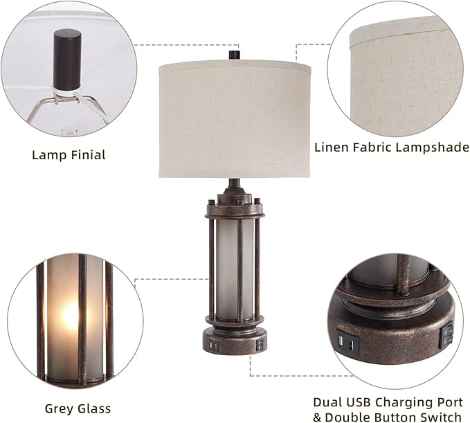 Set of 2 Farmhouse Lamps for Living Room, Rustic Vintage Bedroom Nightstand Table Lamp with 2 USB Charging Ports, Built-In Frosted Glass Night Light for End Table Entryway, 4 Bulbs Included (Bronze) - Bloomnest