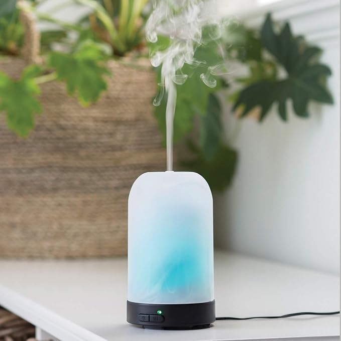Airome Frosted Glass Medium Glass Essential Oil Diffuser|100 mL Humidifying Ultrasonic Aromatherapy Diffuser 8 Colorful LED Lights, Intermittent & Continual Mist, Auto Shut-Off, White Airom%C3%A9