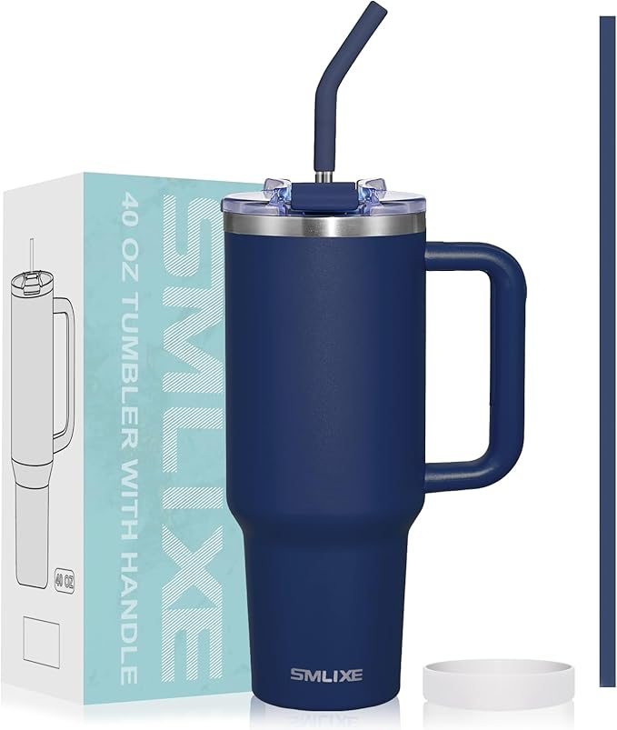40 oz Tumbler with Handle and Straw Lid,Insulated Reusable Stainless Steel Water Bottle Travel Mug，Cupholder Friendly Double Wall Vacuum Sealed Cup (Navy) - Bloomnest