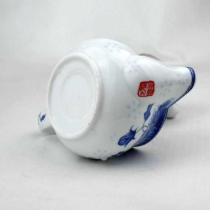 Small Teapot 9oz Blue and White Porcelain Tea Pot with Stainless Steel Infuser Classical Chinese Penoy Flower (Peony)