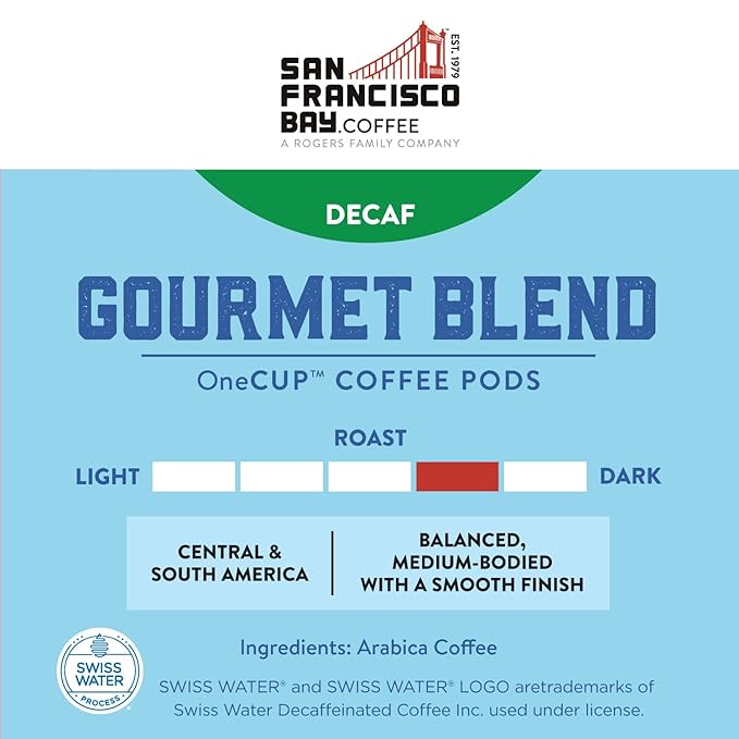 San Francisco Bay Coffee - Decaf Medium-Dark Roast - Decaf Gourmet Blend (80 ct) - Single Serve Coffee Pods, Swiss Water Processed, Commercially Compostable, K Cup Compatible - Bloomnest