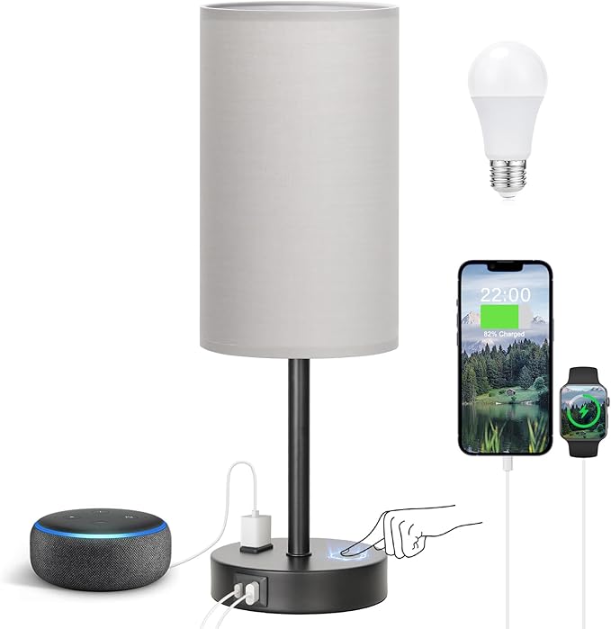 Fenmzee Touch Bedroom Lamp - Grey, 3-Way Dimmable, USB A + C Charging, AC Outlet, 17.4inch Medium - Bloomnest