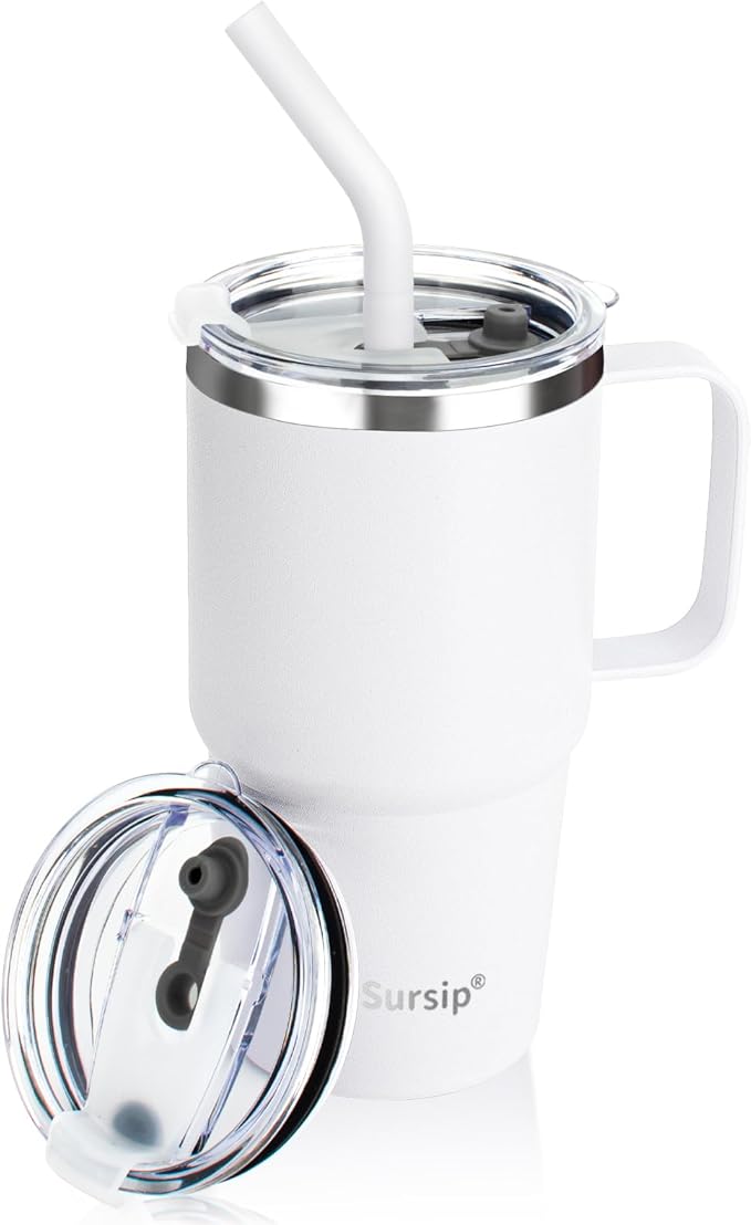 Sursip 24 oz Insulated Cup with Handle, Double Wall Vacuum Stainless Steel Tumbler with Straw and 2 Lids, For Cold/Hot Drinks, Coffee Travel Mug for Car/Home/Office/Party/Camping (White-1 Pack) - Bloomnest
