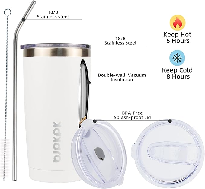 BJPKPK White Stainless Steel Tumbler With Lid And Straw 20 oz Insulated Tumblers Thermal Cup For Hot And Cold Drinks - Bloomnest