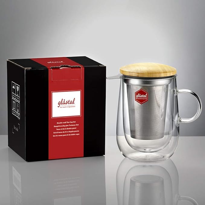 glastal Tea Infuser Mug 14.5oz Insulated Heatproof Glass Tea Cup with Removable Infuser and Lid, Clear Glass Teacup 430ml Double Wall Borosilicate Glass Teacup for Loose Tea, Gifts for Parents Dad Mum - Bloomnest