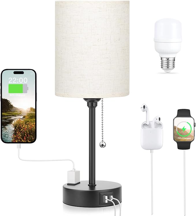 Small Bedside Lamps 3 Color Modes - Off White 3000K 4000K 5000K Bedroom Lamps with USB C and A Ports, Pull Chain Table Lamps with AC Outlet, Nightstand Lamps with Black Metal Base for Kids Reading - Bloomnest