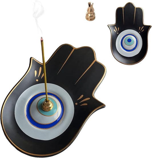 Ceramic Hamsa Hand Incense Holder - 2 in 1 Brass Incense Holder for Sticks and Coil Incense- Zen Decor with Hand of Fatima Design Protection from Evil - 6.2" L X 4.5" W (Blackeye) - Bloomnest