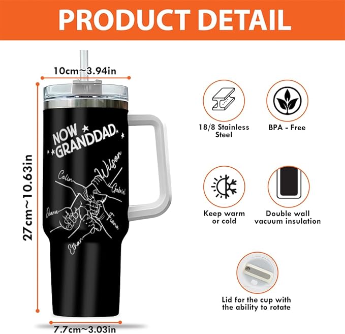 First Dad Now Granddad 40oz Tumbler with Handle and Straw, Personalized Mug with Hand Holding Design and Custom Names, Gift for Grandpa from Kids and Grandkids for Father’s Day or Birthday - Bloomnest