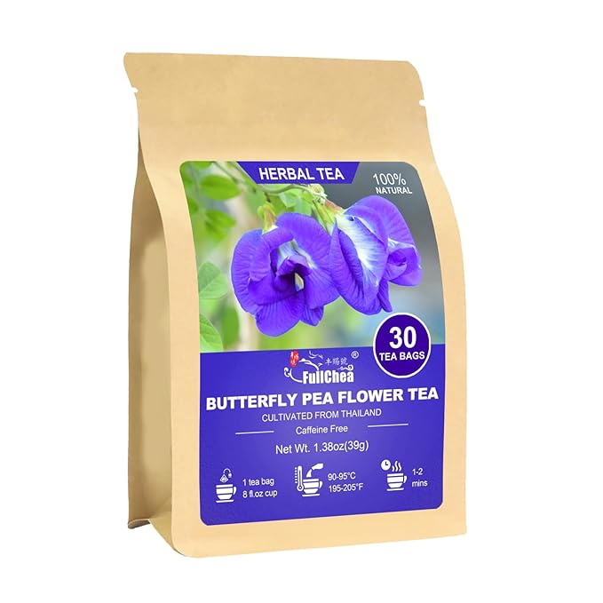 FullChea - Butterfly Pea Flower Tea Bags, 30 Teabags, 1.3g/bag - Premium Dried Butterfly Pea, Cultivated From Thailand - Non-GMO - Caffeine-free - Rich In Antioxidants & Support Eye Health - Bloomnest