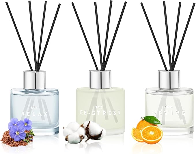 3 Pack Fragrance Reed Diffusers, 50ML Clean Linen Cotton Citrus Orange Aromatherapy Diffuser Set with 12 Black Fiber Sticks,Air Freshener for Bedroom Bathroom Office - Bloomnest