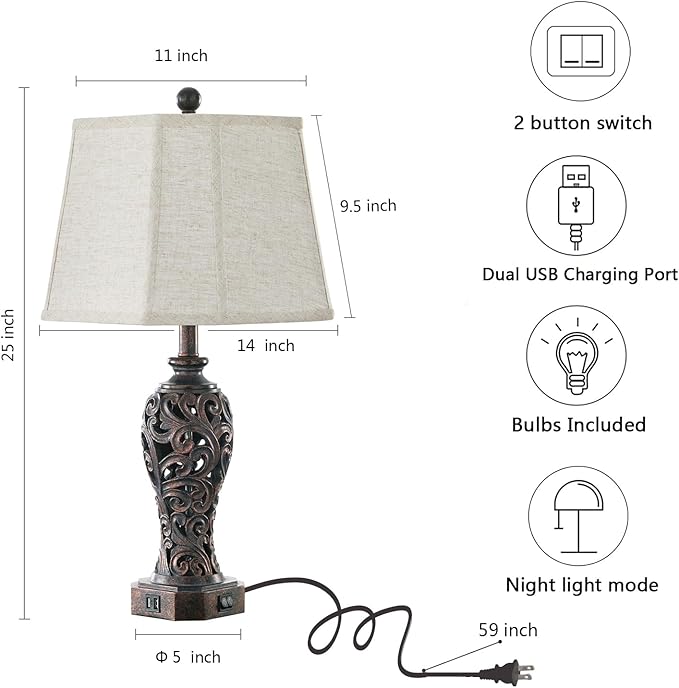 Set of 2 Farmhouse Table Lamps for Living Room, Rustic Vintage Nightstand Lamp with 2 USB Port, Bronze Resin Lamps for Bedroom End Table with Hollow Out Nightlight, 2 Bulbs Included - Bloomnest
