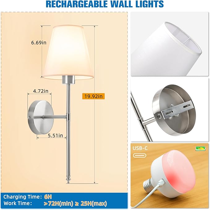 NIORSUN 19.9 inch Battery Operated Wall Sconce Set of 2,Brushed Nickel Rechargeable Wall Lights with 5200mAh Dimmable Detachable Bulbs and Remote,10 Colors Wireless Sconces for Bedroom Living Room - Bloomnest
