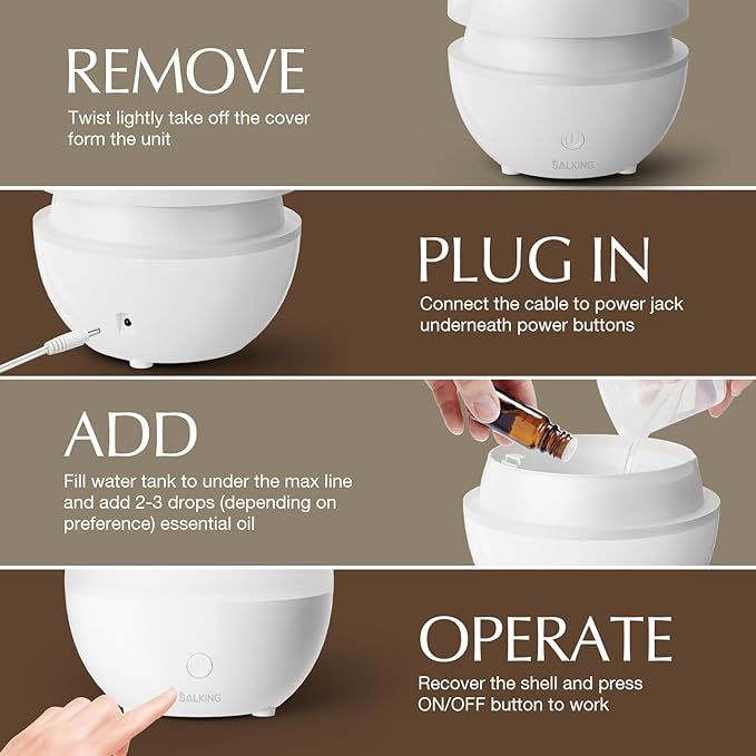 SALKING Essential Oil Diffuser, 100ml Small Aromatherapy Diffuser for Essential Oils, Auto Shut-Off Ultrasonic Diffusers, Cool Mist Humidifier with Warm White Lights, for Office Home (White) - Bloomnest