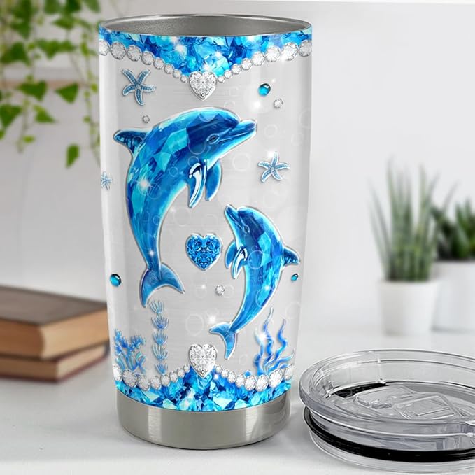SANDJEST Dolphin Tumbler 20oz Stainless Steel Insulated Tumblers Coffee Travel Mug Cup Jewelry Drawings Style Gifts for Women Girls Teen Gift for Birthday Christmas - Bloomnest