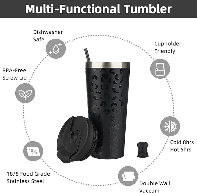 BJPKPK 22oz Insulated Tumbler With lid And Straw Stainless Steel Tumblers Travel Coffee Mug Reusable Thermal Cup,Black Leopard - Bloomnest