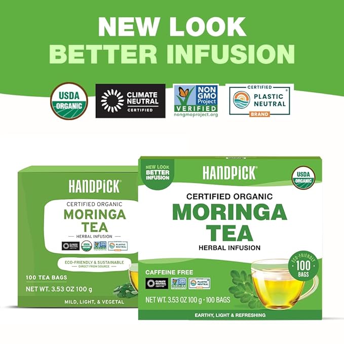 HANDPICK, Organic Moringa Tea Bags (100 Count), Pure Moringa Leaves | Authentic Indian Origin | Caffeine Free, Non GMO | Earthy, Light & Refreshing | Round Eco-conscious Teabags - Bloomnest