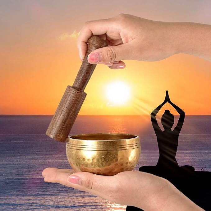 Tibetan Singing Bowl Set, Meditation Bowl Handcrafted for Yoga Room Living Room with Gold Silk Pouch - Bloomnest