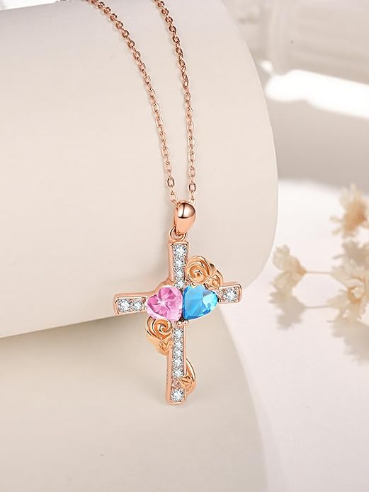Rose Gold Dual Birthstones Cross Necklace for Women Rose Flower Jewelry Anniversary Christmas Mother's Valentine's Day Birthday Gift for Wife Girlfriend Mom - Bloomnest