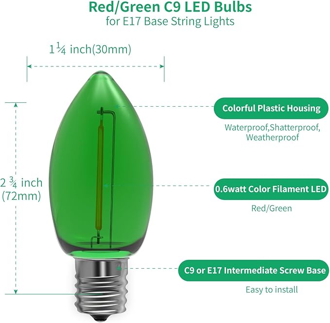 Meconard C9 Led Replacement Christmas Light Bulbs, C9 Shatterproof Led Bulbs for Christmas Indoor Outdoor String Lights, Mini Bulb Intermediate E17 Base Decor Red Light Bulbs Green Light Bulb, 25 Pack - Bloomnest