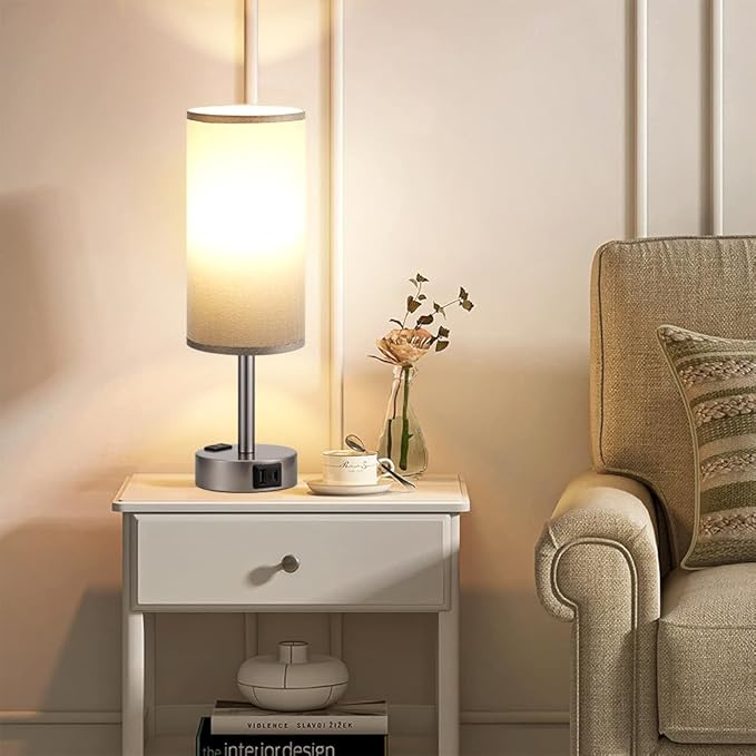 Fenmzee Grey Bedside Table Lamp for Bedroom - 3 Way Dimmable Touch Lamp USB C Charging Ports and AC Outlet, Small Lamp for Living Room, Desk, LED Bulb Included - Bloomnest