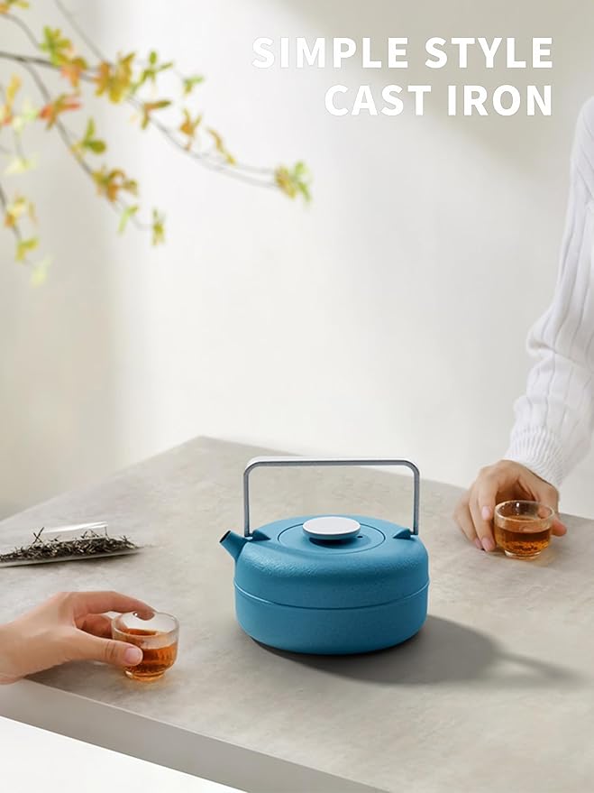 Toptier Teapot with Removable Infuser, Cast Iron Tea Kettle Stovetop Safe, Solid Geometry Cylinder Design Tea Pot Coated with Enameled Interior for 27 Ounce (800 ml), Blue - Bloomnest